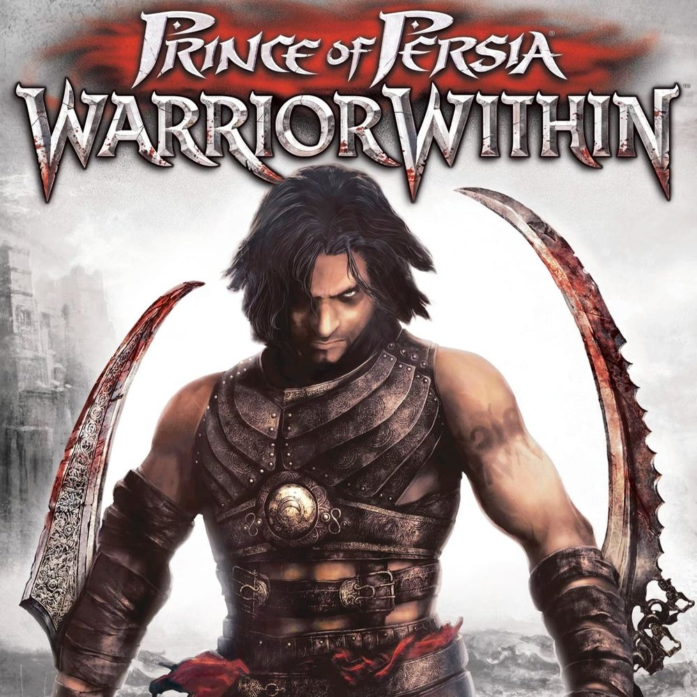 Game art for 'Prince of Persia: Warrior Within' featuring the prince standing in front of a misty background holding a bloody sword in each hand.