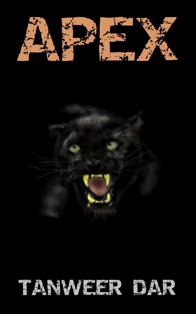 Front cover of my novella, 'Apex', featuring my digital painting of a snarling black panther on a black background.