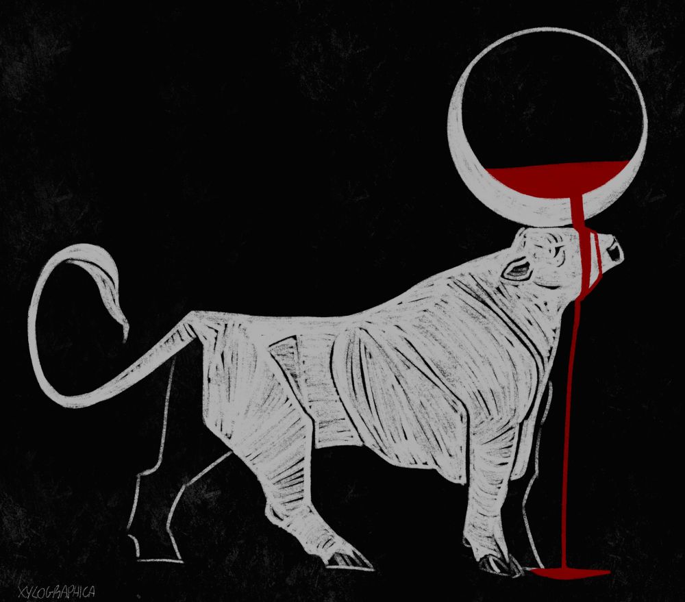 A digital reductive illustration with a black background and a grey bull. The bull is balancing a crescent moon on his head. Blood flows from inside the bowl of the crescent onto the bull's face and down where it pools at his feet. 