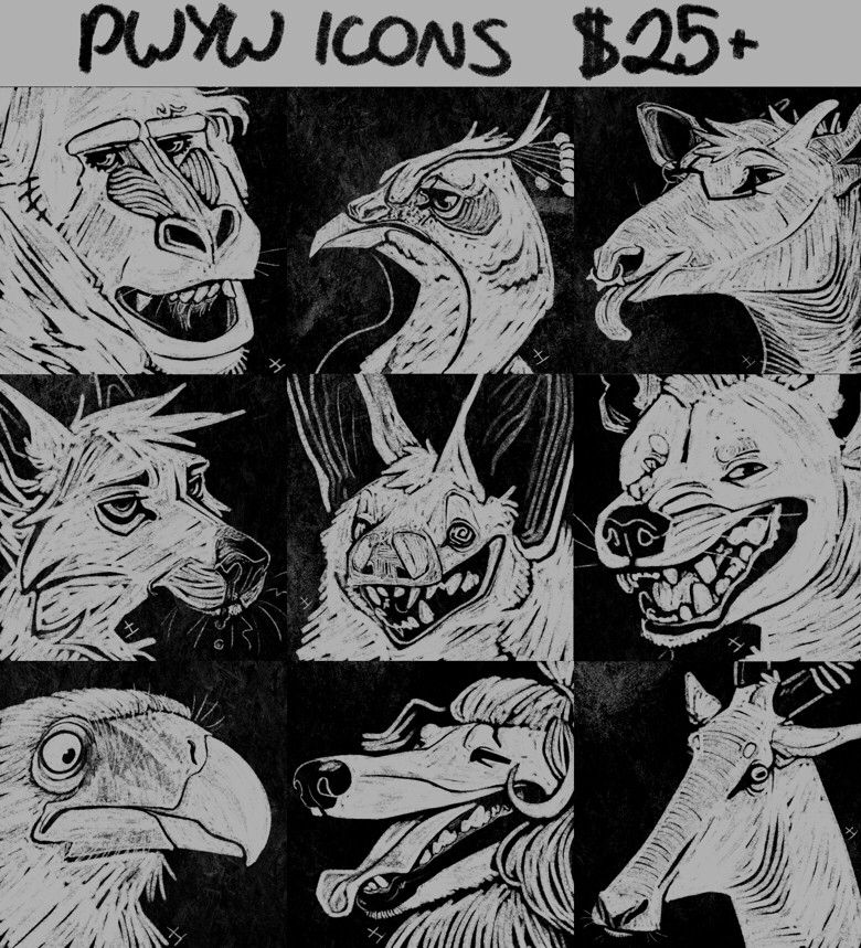 A collection of black and white reductive icons of various animals. Text at the top reads ‘PWYW Icons $25+’