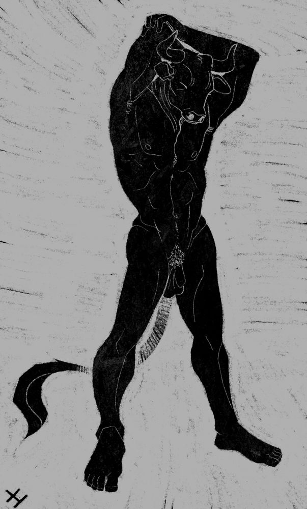 A black and white reductive piece of a nude Minotaur standing and stretching