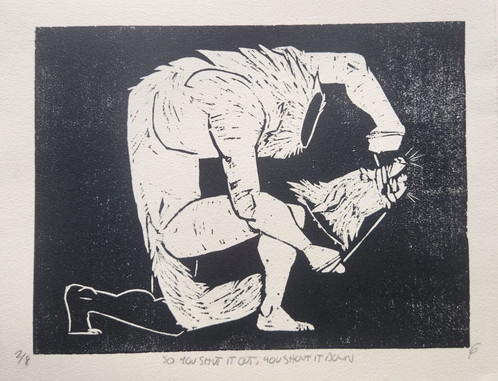 A woodcut print of a decapitated coyote-headed person, muzzling their own snarling severed head. 
