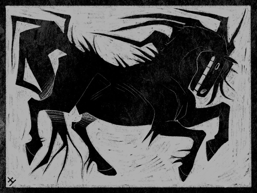 A reductive piece of a grinning black horse