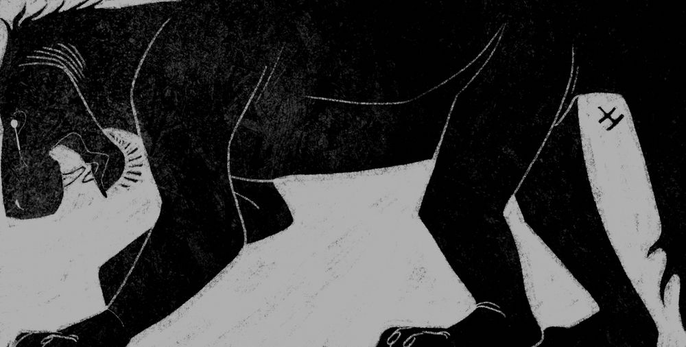 A black and white reductive illustration of a gorgonopsid, a Permian proto-mammal with a long body, rectangular head, and long saber teeth. It is contained within the frame of the image, appearing boxed in