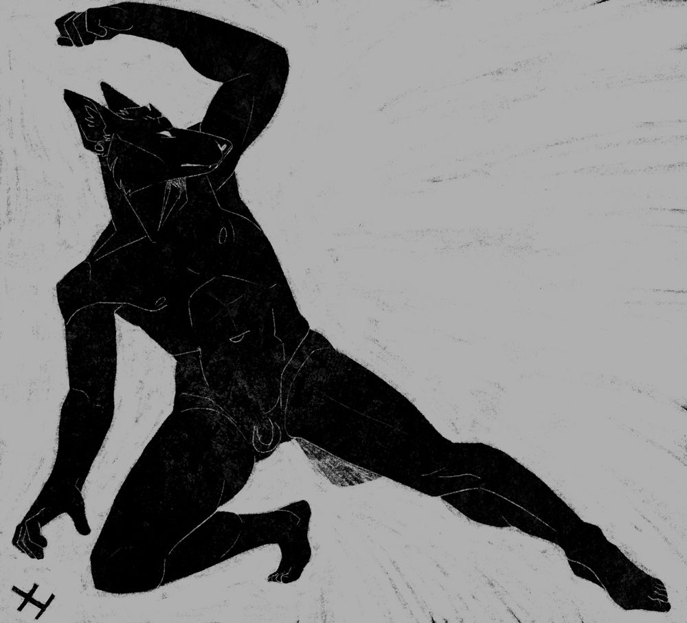 A reductive black and white piece of an anthro wolf lunging to one side, his arm lifted above his head. Modeled after Alexandre Combattant by Charles-Francois Leboeuf
