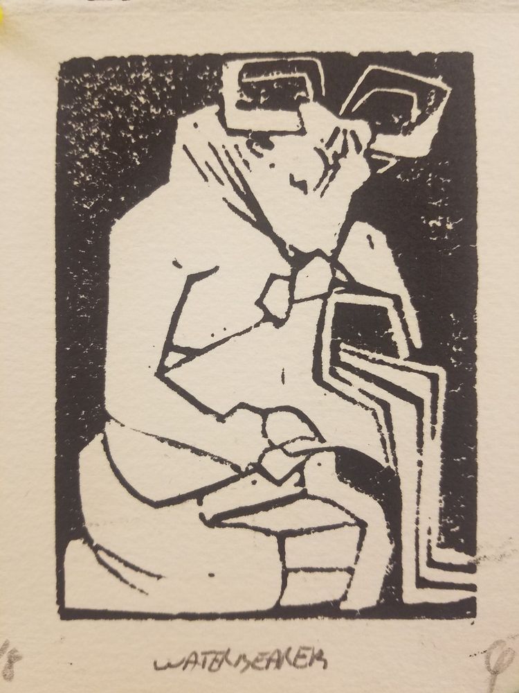 A black and white woodcut print of a stylized kneeling anthropomorphic bull with curling horns. He is tilting a large pitcher and pouring water out. He wears a striped skirt. 