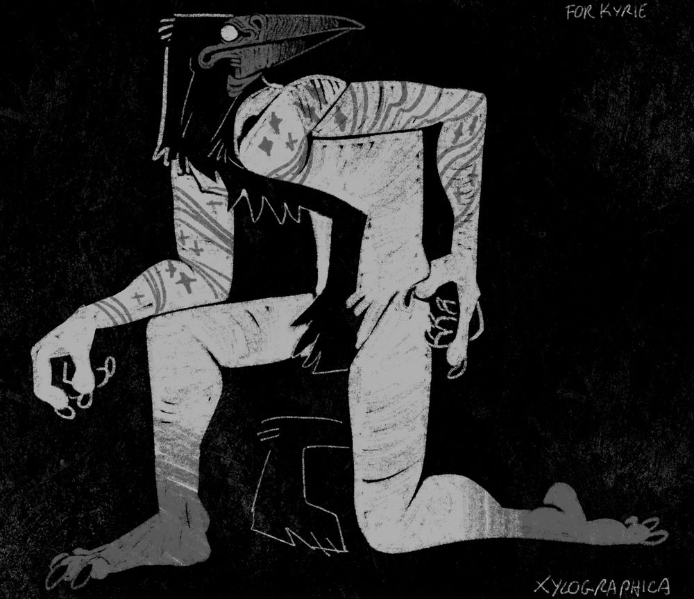 A black and white reductive illustration of a person with the head of a rook and a thin tufted tail. They are kneeling and looking over their shoulder. Grey swirling tattoos cover their arms 