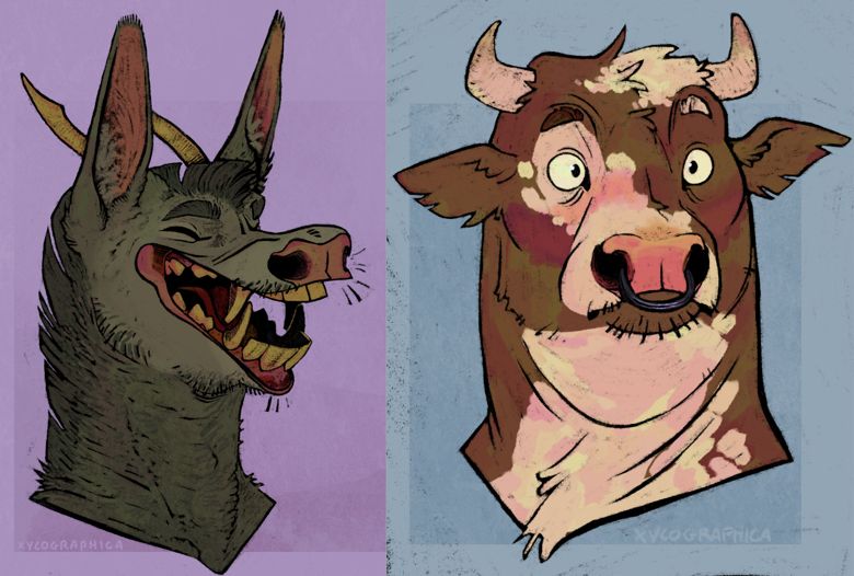 Two color busts. One of a smiling green dragon-ish thing, the other of a blushing brown and white cow