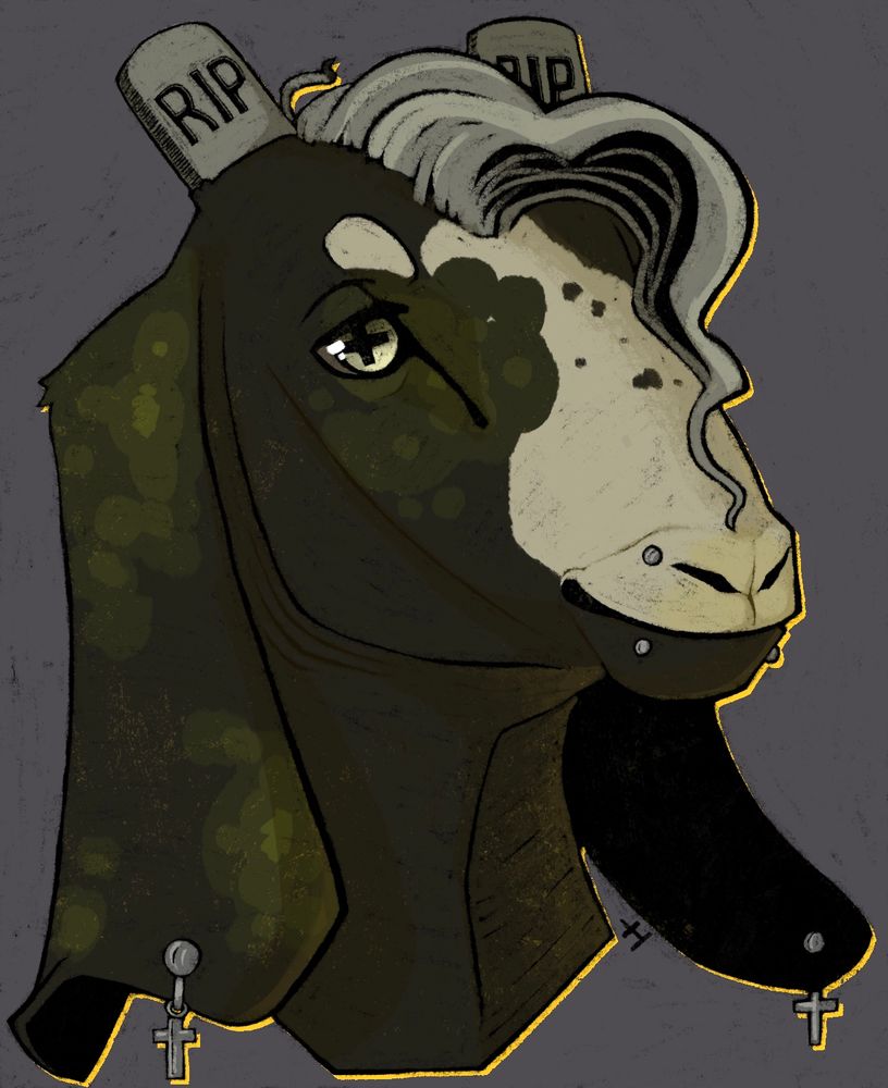 A colored reductive bust of a graveyard themed goat with long floppy ears and gravestone horns 