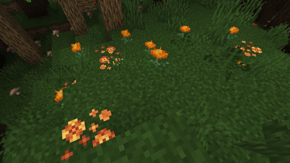 A screenshot of the dark forest biome in Minecraft that includes marigolds and lantanas from Wilder Wild.