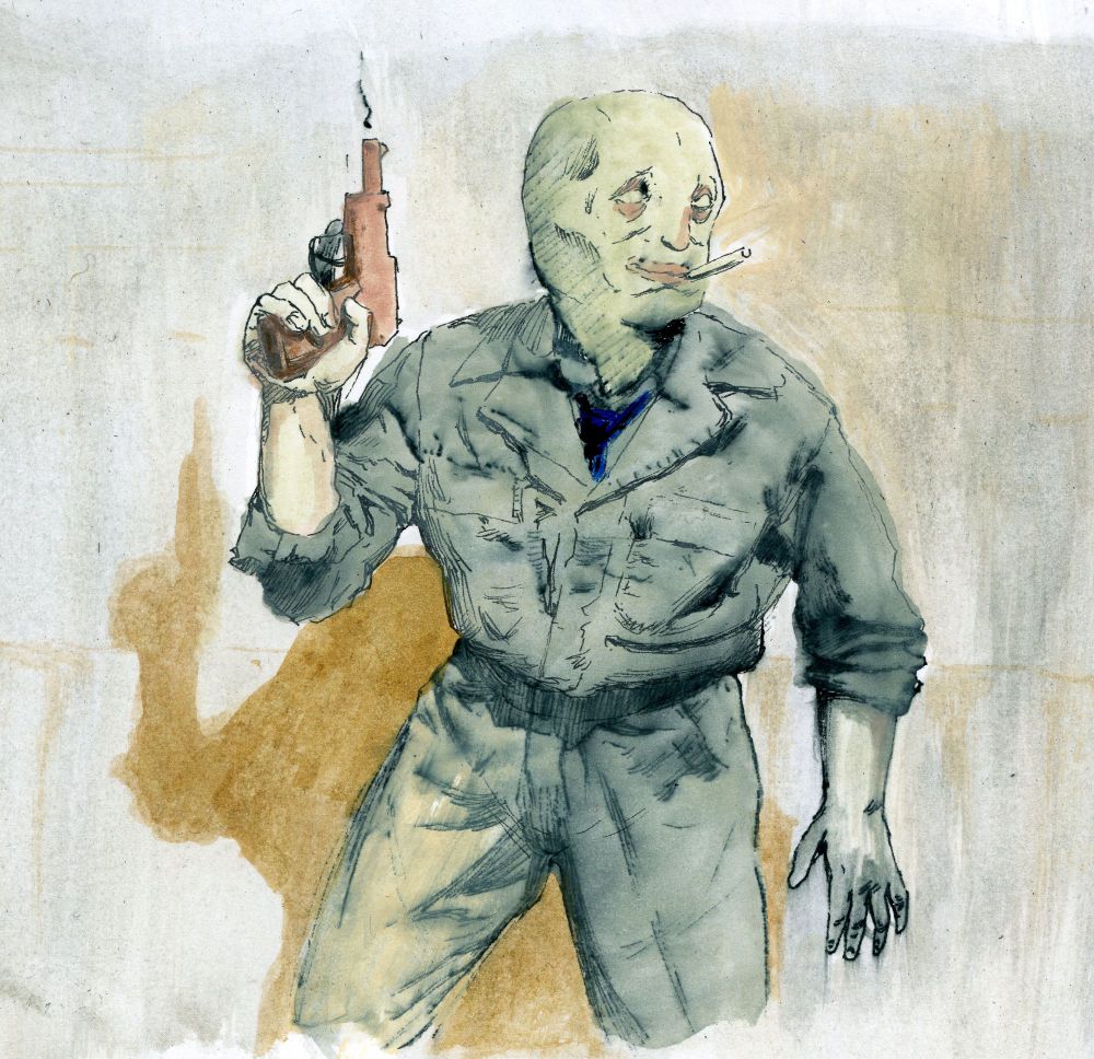 The character Aboubi from Babbdi and Straftat holding a pistol and smoking a cigarette. He wears a jumpsuit, shirt and tie and is very handsome