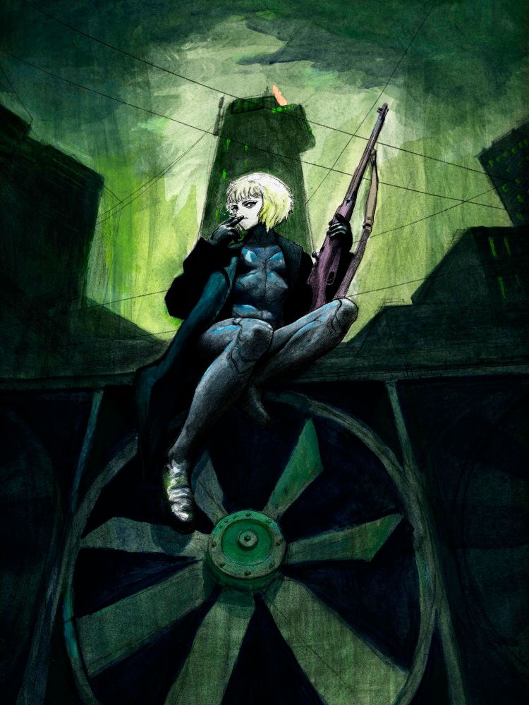 Marie sitting on a skyscraper roof vent, a cityscape bending around her in the background. She is smoking a cigarette and holding a Mosin Nagant