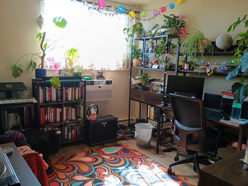 a photo of my home office. the rug is colorful swirly psychedelic pattern. there are a lot of plants. two book shelves full of plants, books, and Legos, guitar equipment, and a rainbow furby. 