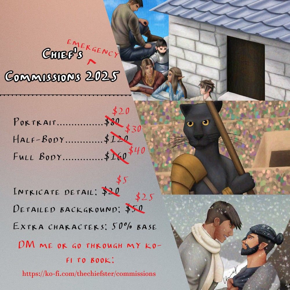 An art commission sheet with heavily discounted prices: portrait commissions are $20 instead of $80, half-body commissions are at $30 instead of $120, and full body commissions are at $40 instead of $160. Intricate details are $5 instead of $20 and detailed backgrounds are $25 instead of $50.