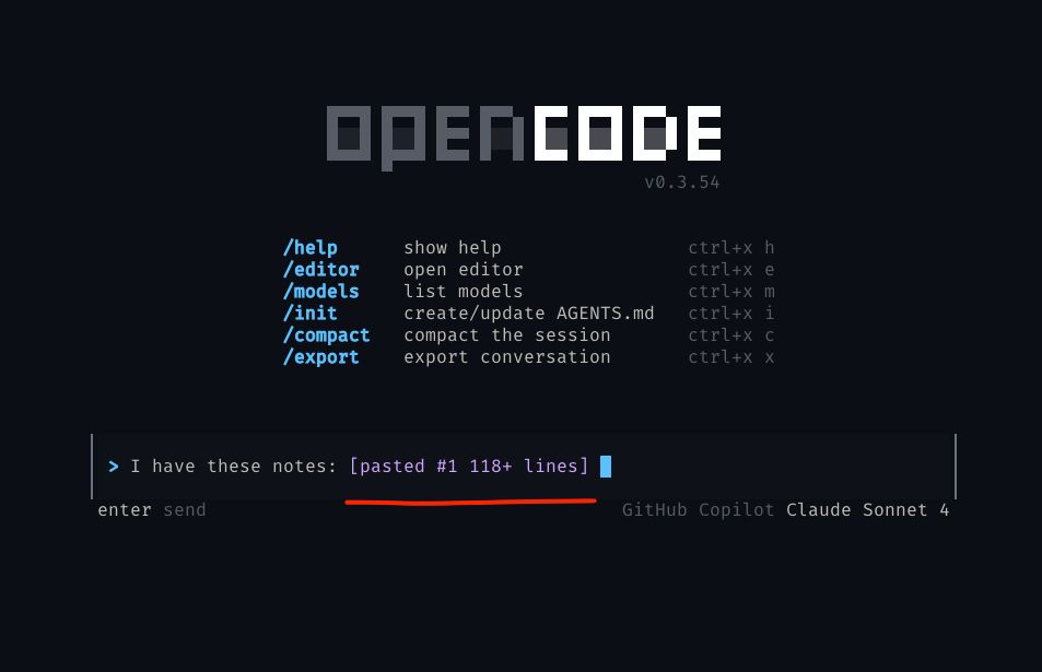 screenshot of opencode minimising pasted text