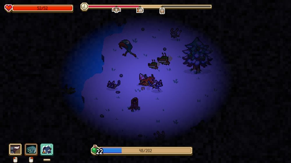 A bunch of animals and the player trying to survive the night in Everything is Crab