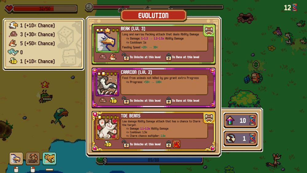 A choice of 3 different evolutions to adapt into: beak, carrion and toe beans