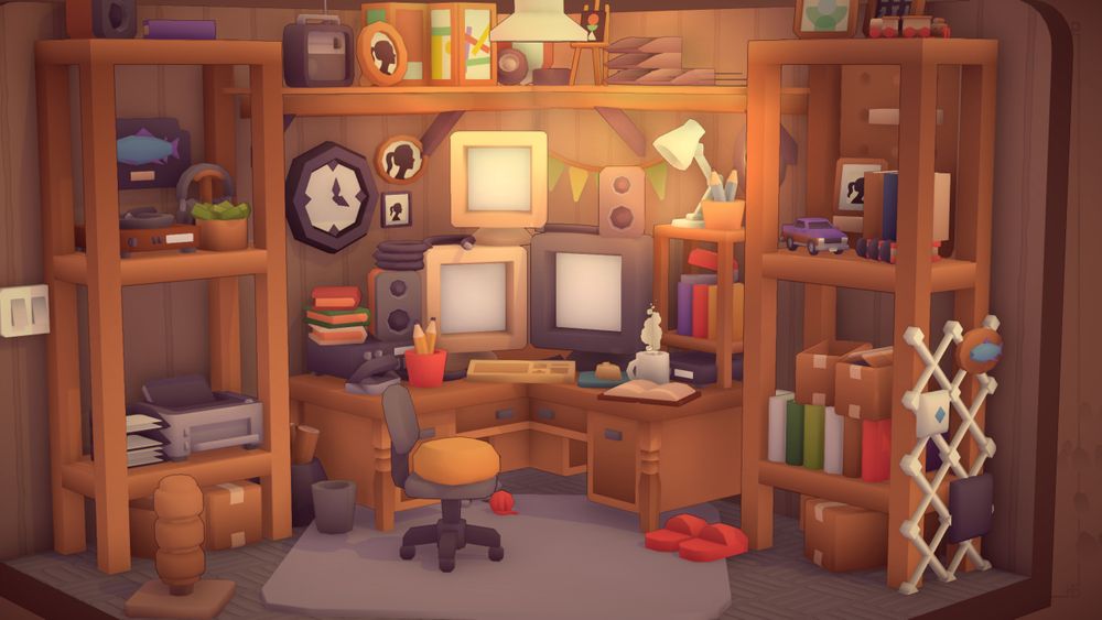 A zoom in on a 3d rendered retro computer room with lots of brown tones, made in the game MakeRoom