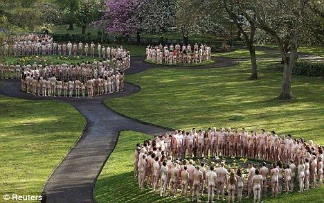 Nude participants in a Spencer Tunick installation for The Lowry, Salford