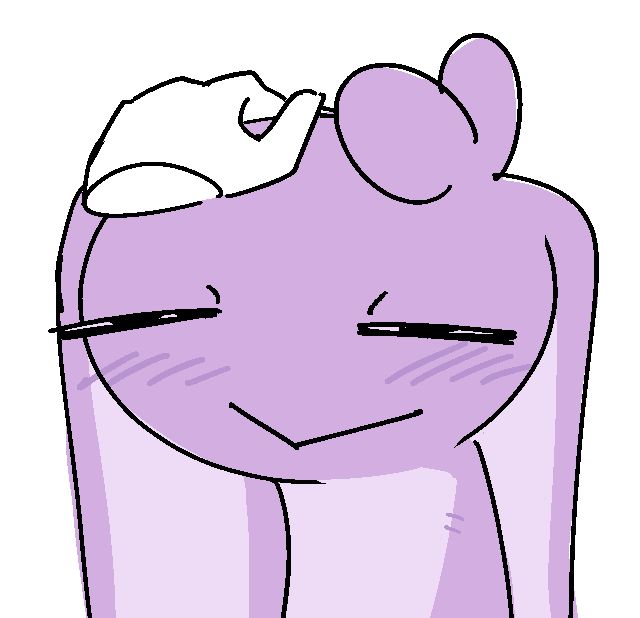 Purple lamb-rabbit plushie looking particularly pleased with itself while being pet