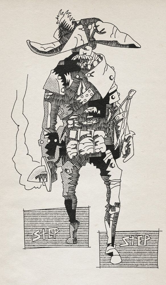 A full body, black and white drawing of my character from the game No Rest for the Wicked - Ephraim. He has a very large floppy hat with and equally large and floppy feather, he's got a large but scruffy moustache and chin hair and is mostly covered in studded leather with a gambeson underneath.

He has a large belt with many pouches and a bedroll that hang from it. His weapons are an icy dagger and short bow which is also hanging from his side via a bow case. He wears extremely tall leather boots with which he is stepping towards us, which is emphasised by two rectangles by his feet with the word "Step" in both.