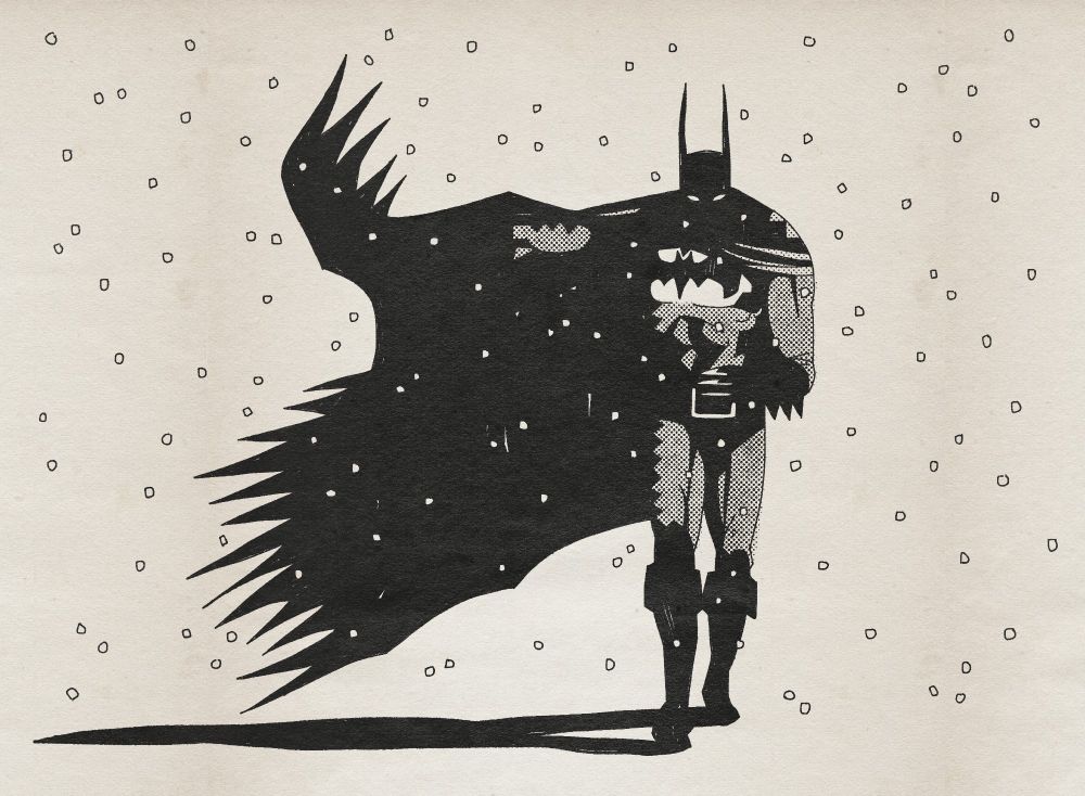 A black and white drawing of Batman walking towards us amidst snow fall. Much of him is covered in shadow which melds with the darker parts of his outfit. His right arm is extended, pushing his cape to the side, letting it flow in the strong wind. The other is bent forwards with three batarangs clenched between his fingers. He looks angry.