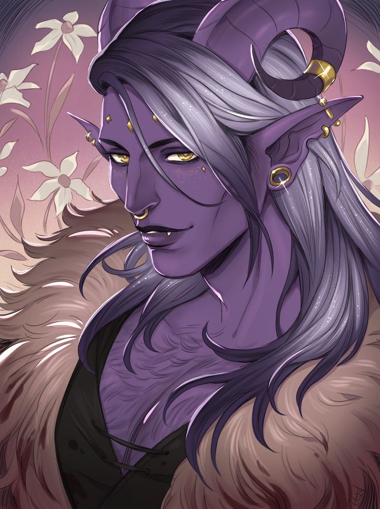 color portrait of my tiefling oc, looking at the viewer with a slight but warm smile. they're wearing gold horn and ear rings and a gold nose ring to match their gold eyes and freckles. their large fur coat is stained with dried blood