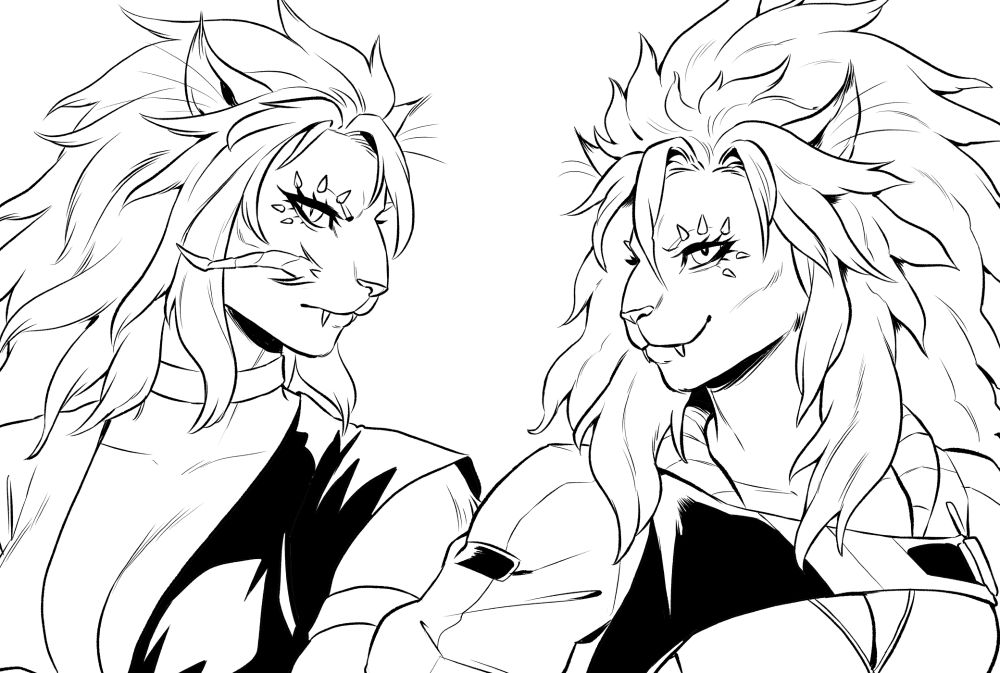 wip lineart of two hrothgar ladies looking sassy