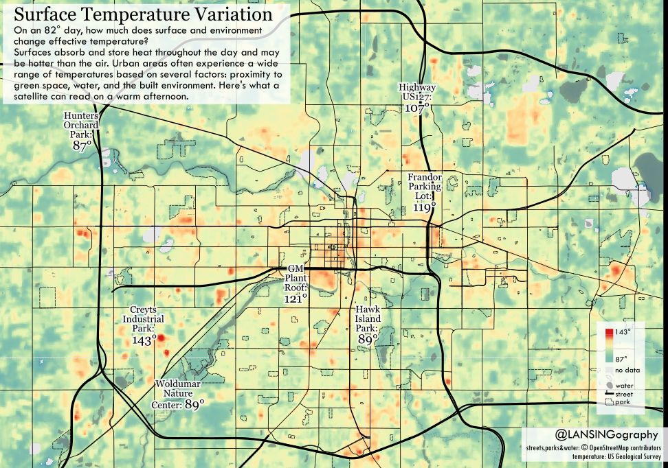 surface temperature map of Lansing, MI. Hottest areas are the creyts industrial park (143 degrees) and Frandor's parking lot upwards of 119, while parks and nature reserves are 87 degrees