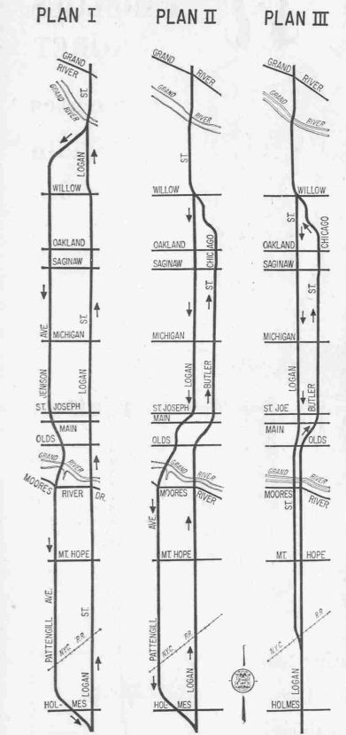 three diagrams proposing north-south routes through the city of lansing. expanding various roads, such as logan, butler, chicago, pattengill etc