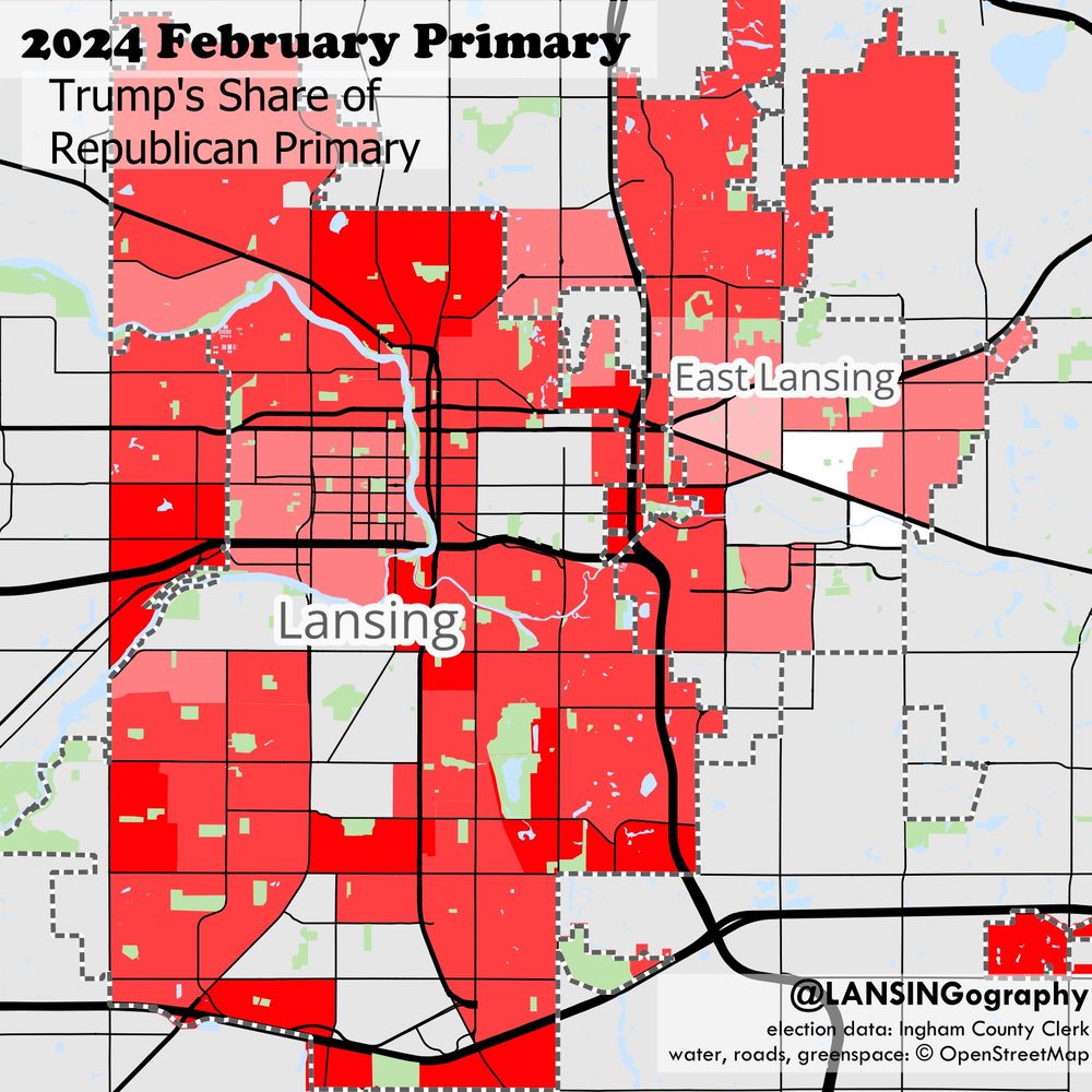 map of trump's share of primary in lansing area--mostly high numbers