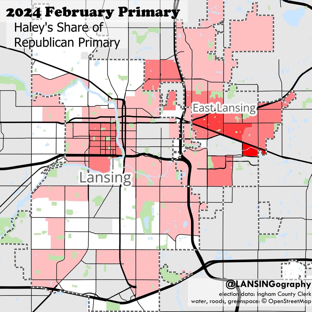 map of haley's share of primary in lansing area--mostly low numbers