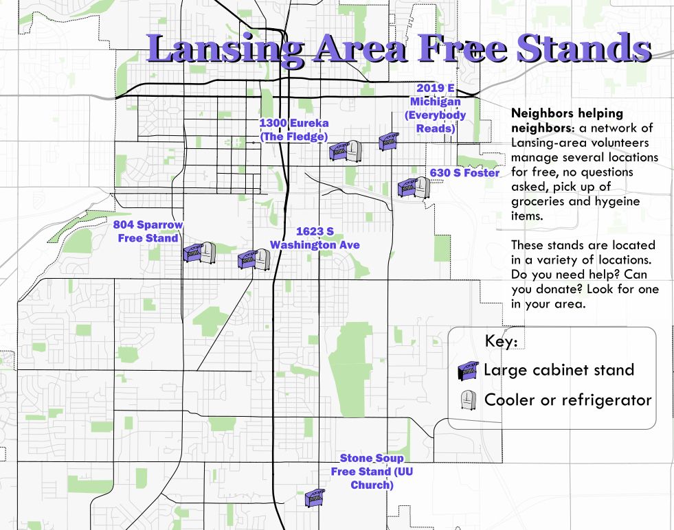 map of several free stands in the lansing area