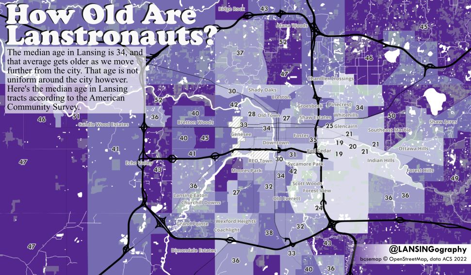 map of Lansing with shaded areas showing median age; younger people live closer to MSU and the city core and older folks live in the suburbs