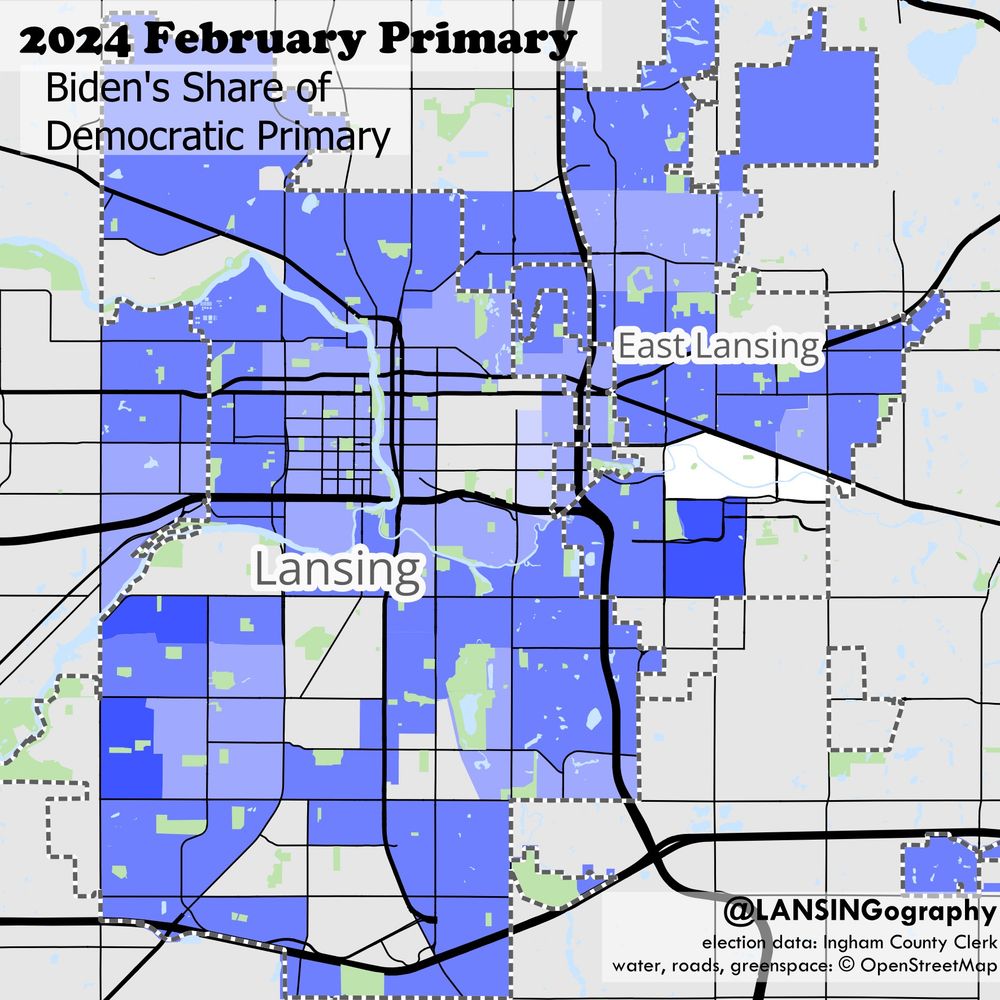 map of biden's share of primary in lansing area--mostly high numbers