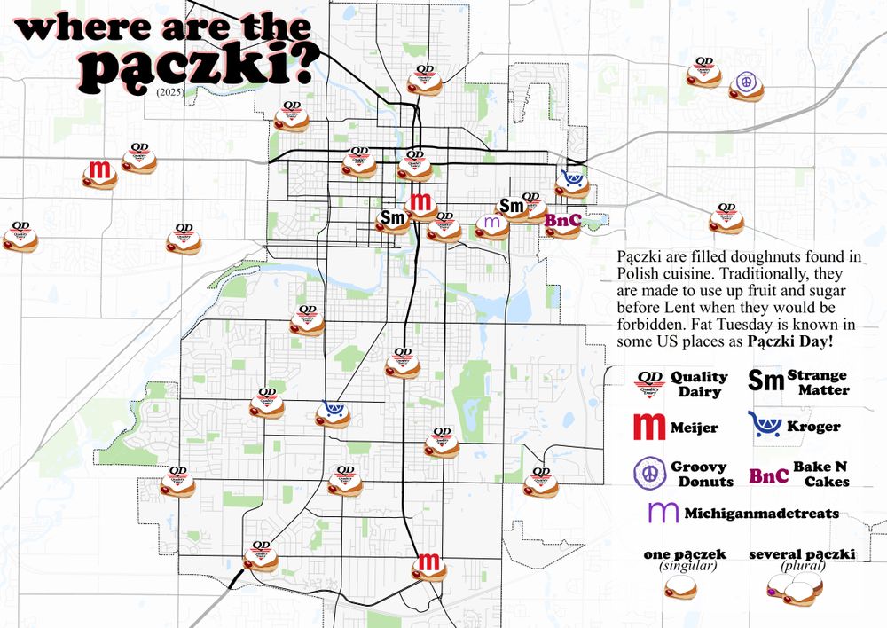 map of lansing with paczki locations dotted around the area. qd reigns supreme with meijer kroger and strange matter and a few smaller bakeries as well