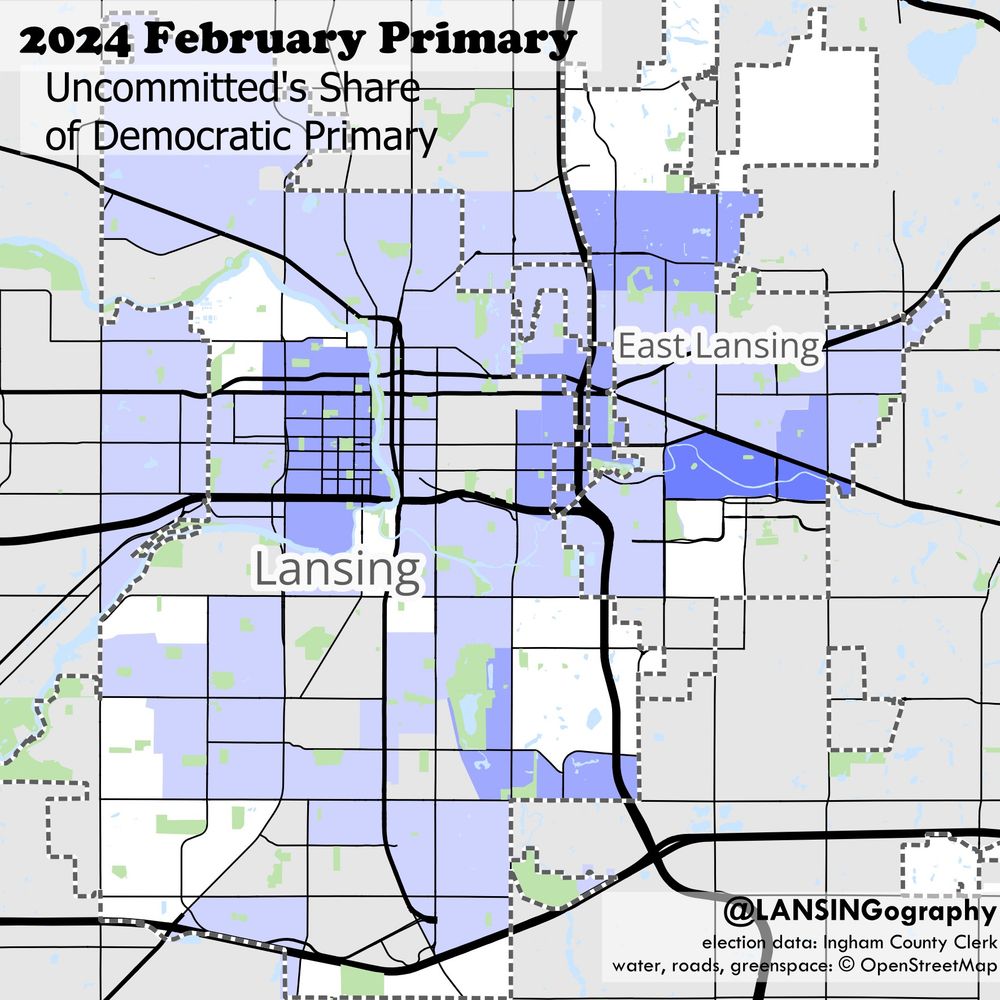 map of uncommitted's share of primary in lansing area--mostly low numbers
