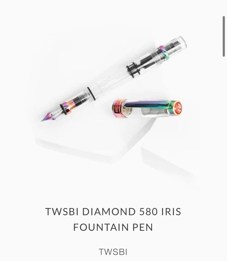 Shop image of the TWSBI Diamond 580 Iris Fountain Pen, which has a transparent body with spots of iridescence.