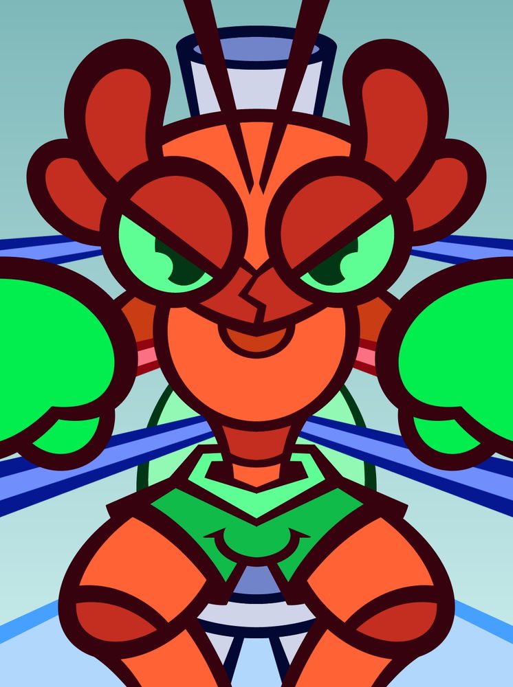 A drawing of Zuzu's ant drone character, Anthony. He's wearing boxing gear and resting up against the post of a boxing ring, holding a determined stare at the viewer

Side note, but I think I made his waist super tiny and his thighs huge lol