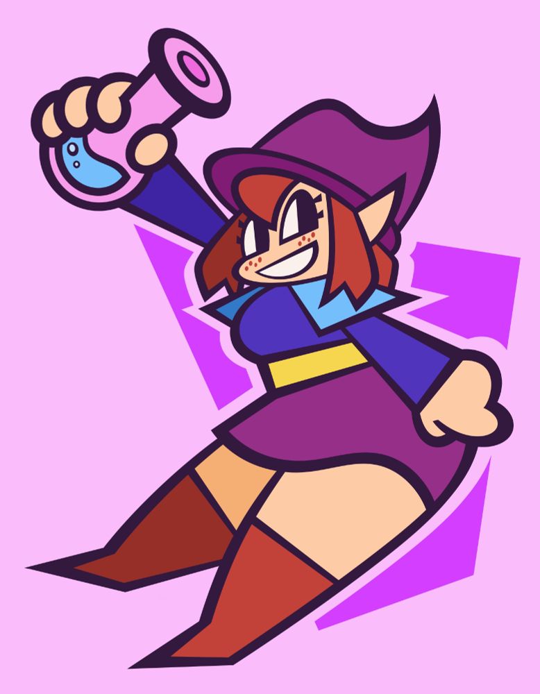 A drawing of RaptorBrick's witch character, Anna. The character is smiling and posing with a pink potion