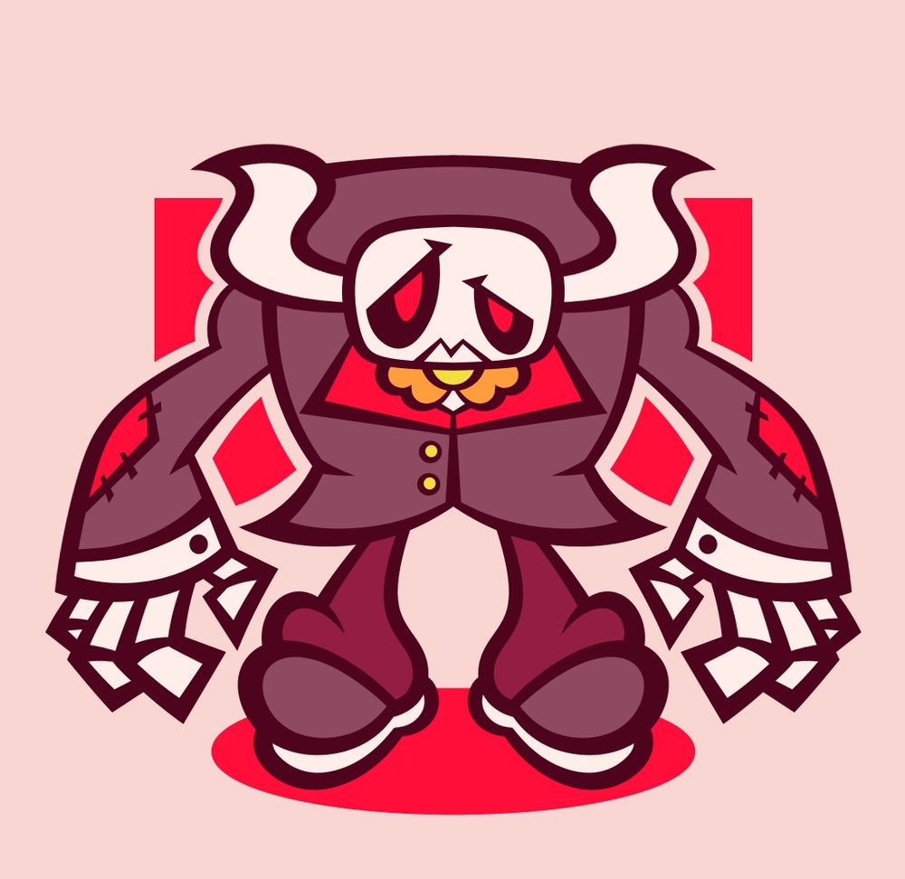 A drawing of Huey from HorrorVale. He's a horned skeleton dressed up in a nice suit and slacks, along with wearing an orange bowtie. 

The character got a hunched posture