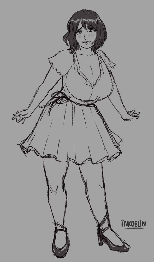 Rough sketch of a short-haired woman in a ruffled dress