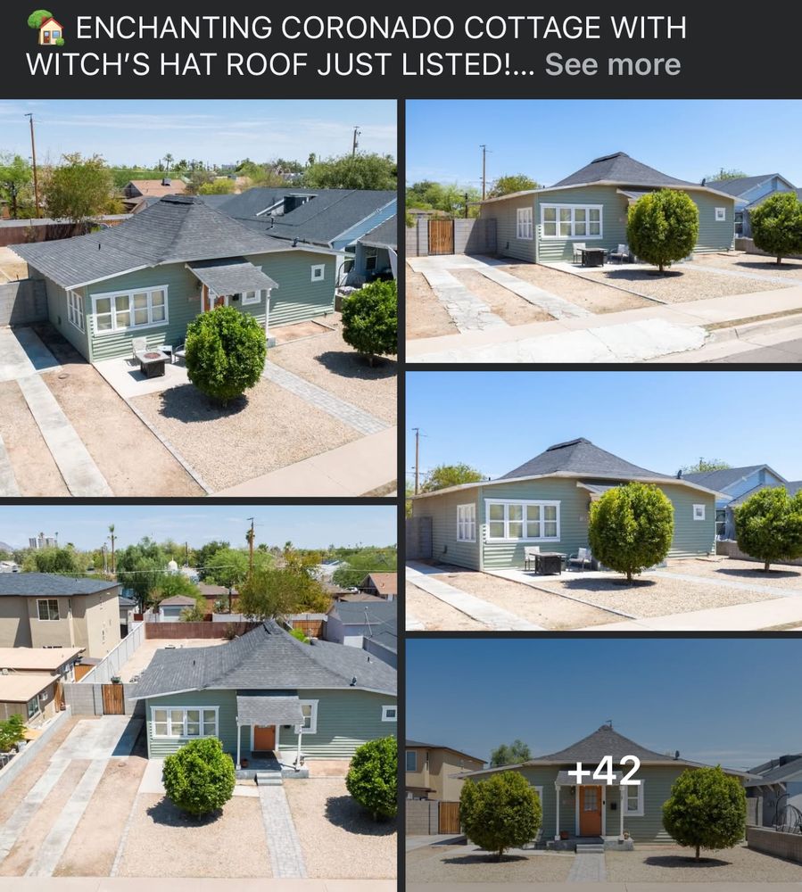 The house listing shows a home with a… distinctive roofline with the caption “ENCHANTING CORONADO COTTAGE WITH WITCH’S HAT ROOF JUST LISTED!
