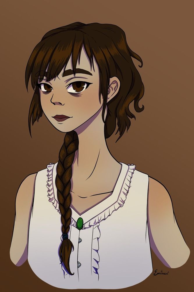 A pale young woman with brown hair and near black eyes. She watches the viewer with a deadpan stare. Her hair is braided down to her chest, but the short fringe up top is messily cut and uneven.