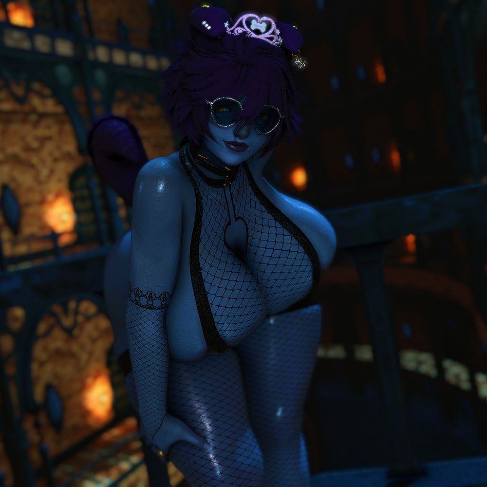 A miqo'te with blue skin, scruffy purple hair, floppy dog ears and an outfit consisting mostly of fishnets is standing in the crystarium at night. She is posing for the viewer leaning forward and smirking with one hand on her leg and the other kept behind her back. She is wearing blue sunglasses and a pink tiara along with her barely-an-outfit.