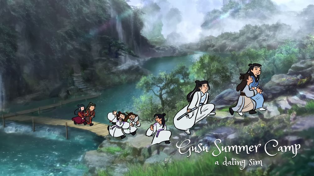 Cover page for Gusu Summer Camp: a dating sim. Various MDZS characters are drawn together in the back hills of Gusu
