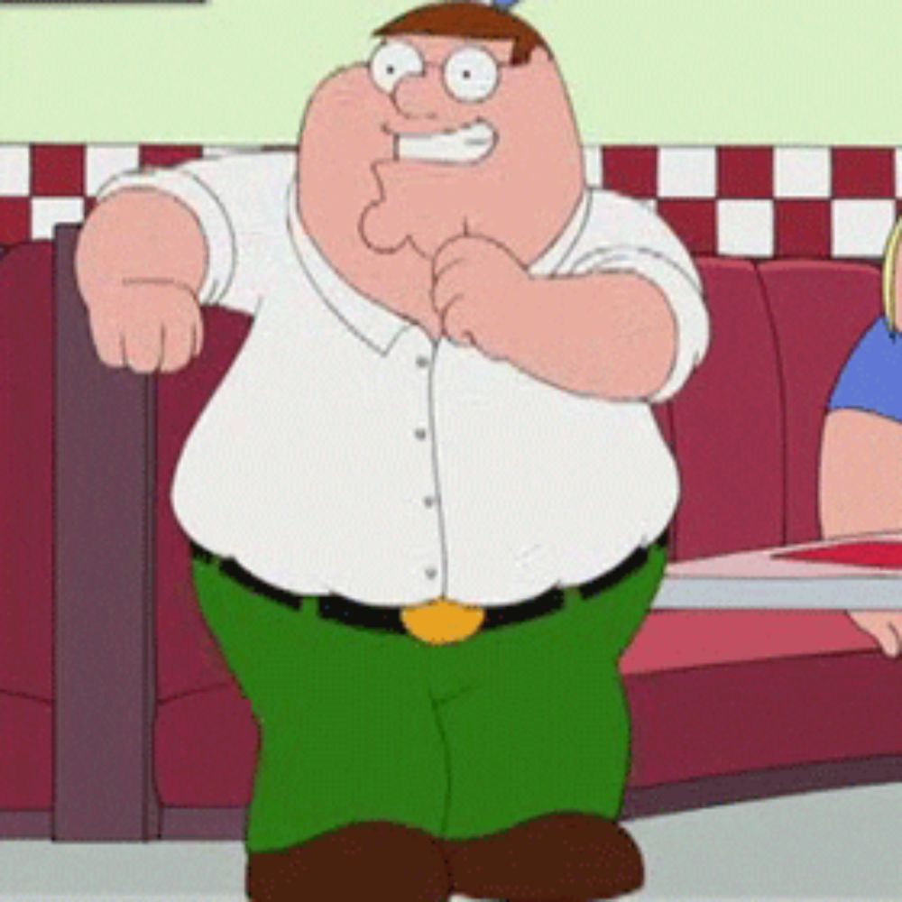 peter griffin from family guy is standing in a diner next to a table .