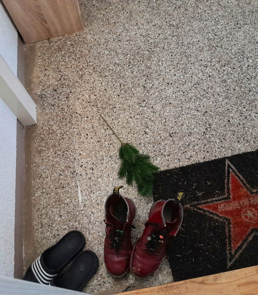 vor der Tür ein grüner Zweig, zu sehen sind auch 2 Paar Schuhe + die Hälfte des Fußabtreters