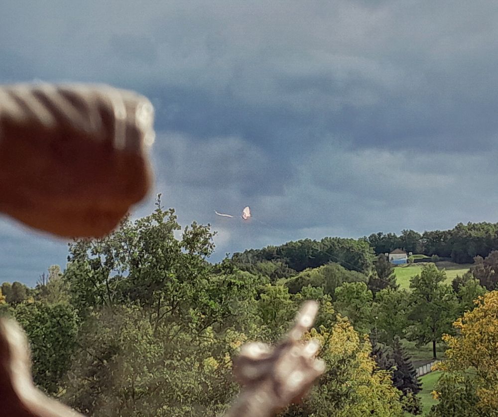 E.T. zeigt auf einen Drachen der am Himmel fliegt