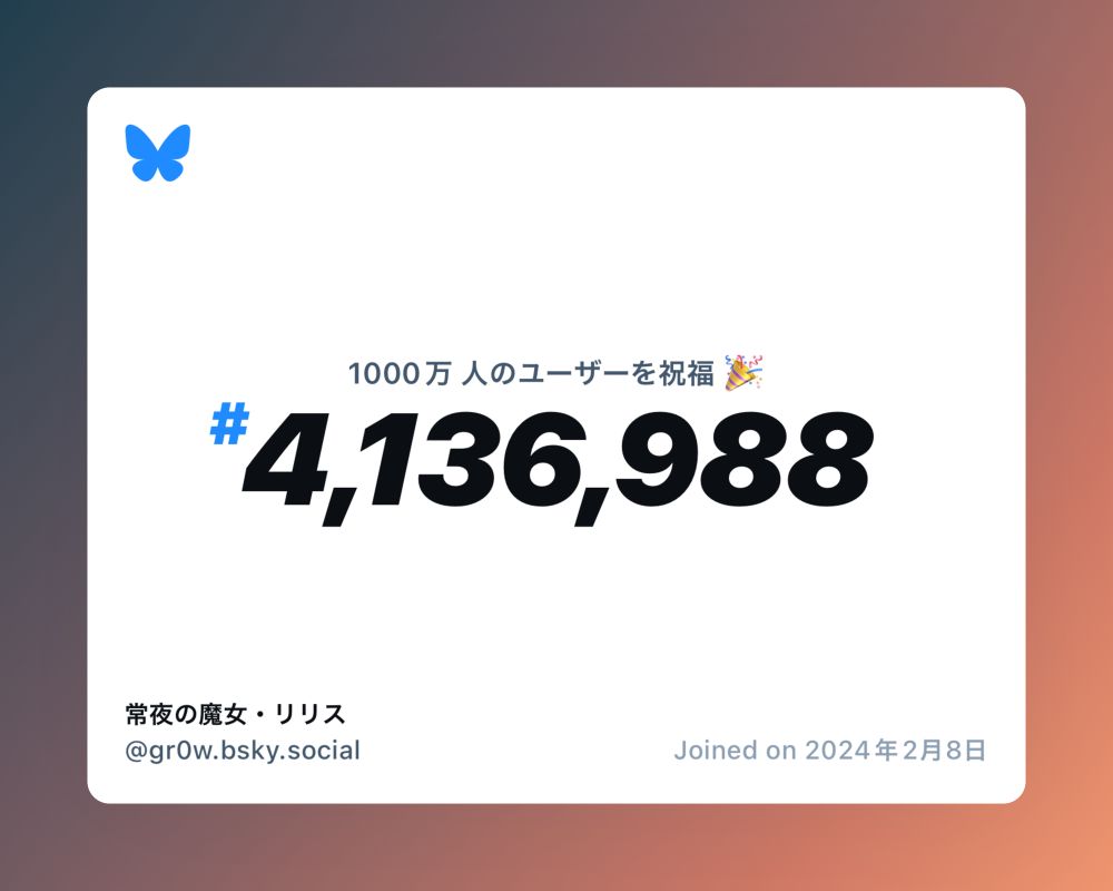 A virtual certificate with text "Celebrating 10M users on Bluesky, #4,136,988, 常夜の魔女・リリス ‪@gr0w.bsky.social‬, joined on 2024年2月8日"